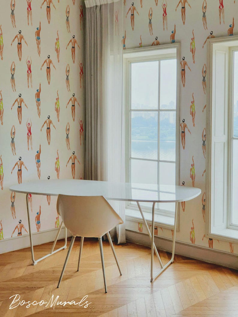 Nautical wallpaper Swimmers, Removable wall art, White background color cute whimsical mural 106 image 2