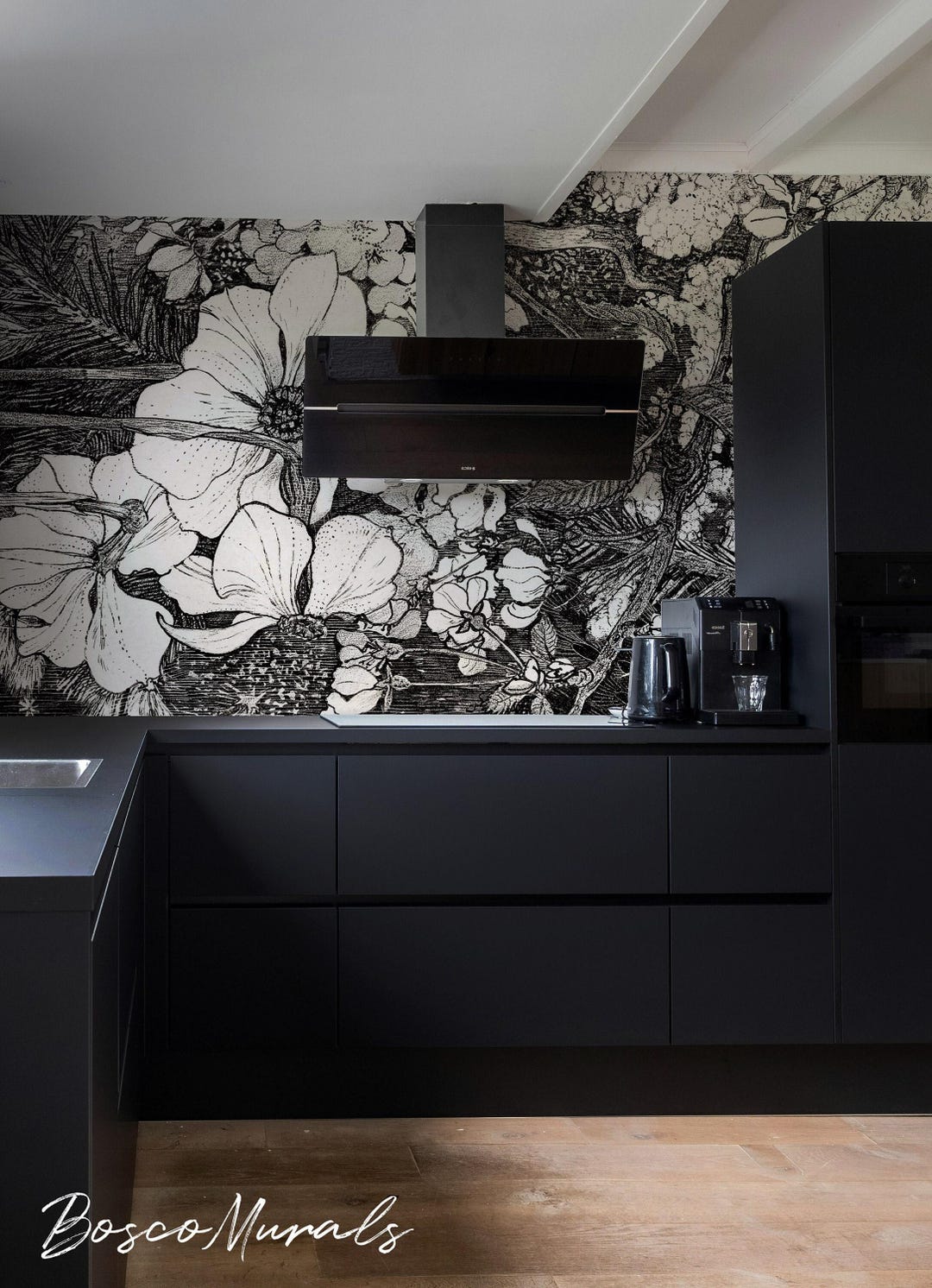 Black and White Botanical Wallpaper, Vintage Wallpaper, Removable Mural