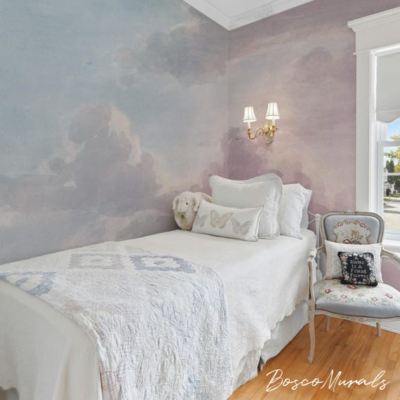 Pastel cloud wallpaper, Subtle nature-themed sky mural, Peel and stick material, Nursery painting 122