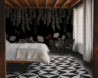 Dark Academia Wallpaper, Gothic Moth & Vine Mural, Vintage Black Botanical Pattern, Moody Victorian Floral Decor, Peel and Stick 275