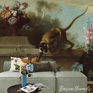 May include: A vintage-style wallpaper mural depicting a monkey perched on a ledge, with a vase of flowers in the background. The mural is painted in muted tones of green, brown, and blue.