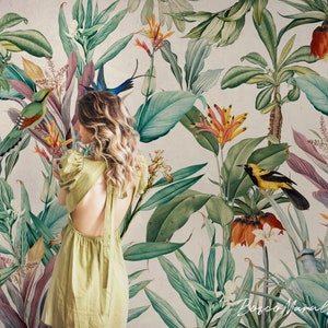 Vintage Exotic Leaves And Birds Removable Wall Mural, Tropical Peel And Stick Wallpaper 26 image 2