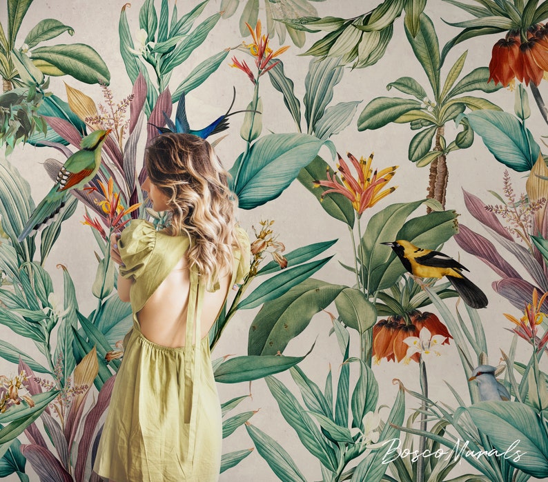Vintage Exotic Leaves And Birds Removable Wall Mural, Tropical Peel And Stick Wallpaper 26 image 2