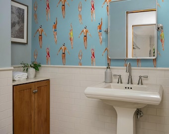 Vintage wallpaper Swimmers, Removable home decoration, Baby blue color cute whimsical nautical mural 82