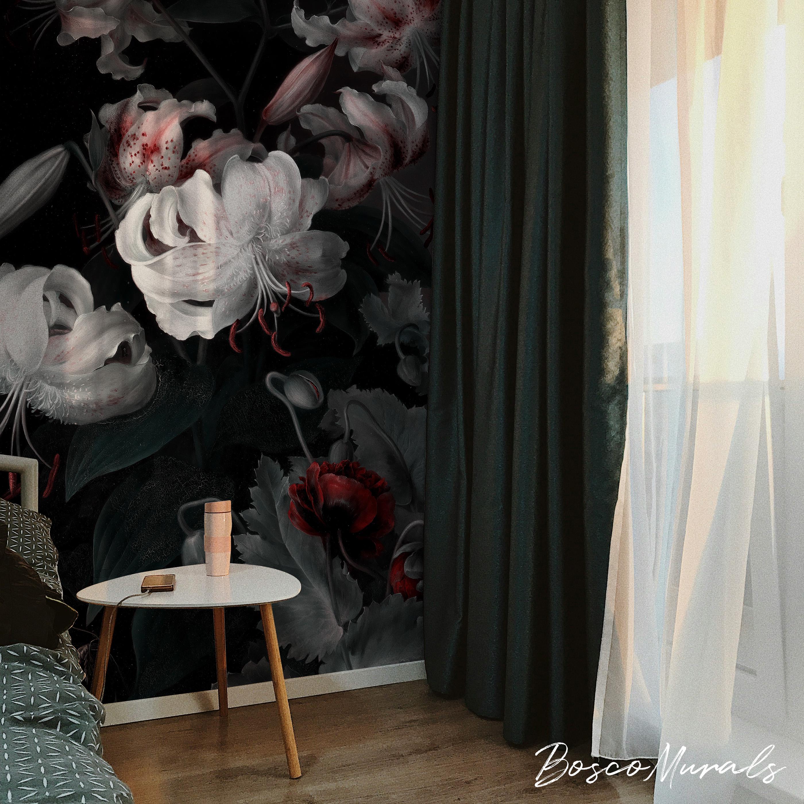 Romantic Bouquet Dark Removable Wall Mural, Vintage Flowers Stunning Decoration 58