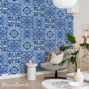Vintage Blue & White Tile Wallpaper, Portuguese Azulejo Peel and Stick Mural, Mediterranean Pattern Wall DecorEuropean Tile Design 67 image 2