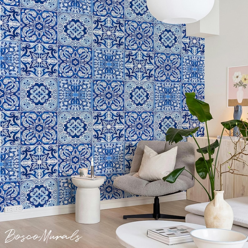 Vintage Blue & White Tile Wallpaper, Portuguese Azulejo Peel and Stick Mural, Mediterranean Pattern Wall DecorEuropean Tile Design 67 image 2