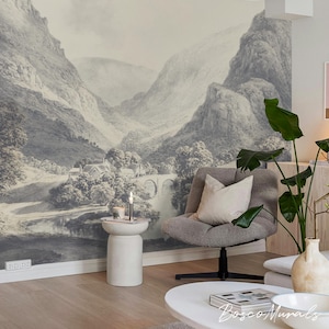 Mountain village art, Rustic wall decor, Pastoral mountain scene, Vinyl wallpaper 37