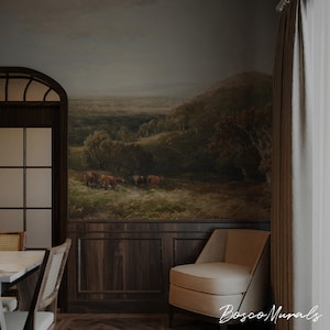 Vintage English Countryside Wallpaper, Pastoral Farmhouse Mural, Rustic Landscape with Cattle, Peel & Stick, Self Adhesive 157