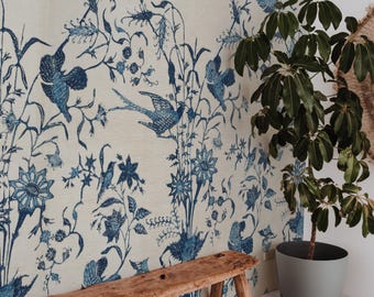 Blue Floral Bird Toile Wallpaper Peel and Stick Removable Living Dining room Bedroom Self Adhesive Wall Sticker Decoration Art Mural 135