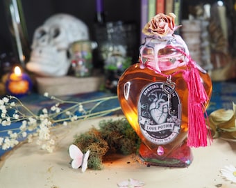 love potion, amortentia, apothecary potion, love spell, magic potion, Halloween potion, odditie, bookshelf decor, color change potion