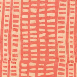 May include: Abstract pattern with a coral background and vertical stripes of off-white rectangles and lines. The design has a textured, hand-painted appearance, creating a unique visual texture.