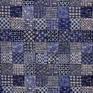 May include: A repeating pattern of squares in shades of blue and white. Each square contains a unique geometric design, including circles, lines, and other shapes. The overall effect is a textured, detailed pattern.