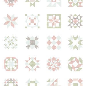 May include: A collection of sixteen geometric quilt block designs in a cross-stitch style. The blocks feature various patterns in soft pastel colors, including pink, green, and gray, on a white background. The designs are symmetrical and detailed.