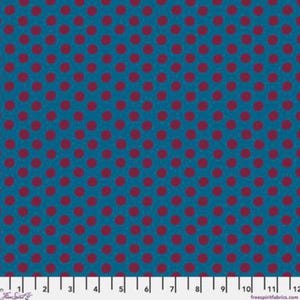 May include: Teal fabric with a repeating pattern of burgundy polka dots. The dots are evenly spaced across the surface. The fabric is likely cotton or a similar material, suitable for quilting or apparel.
