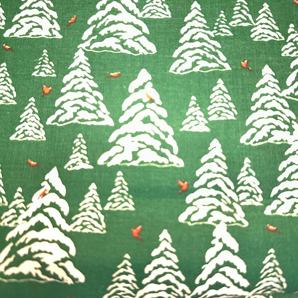 Vintage Christmas Fabric - Snow-covered Trees with Red Cardinals (By the Yard)