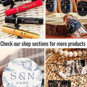 May include: Assortment of personalized gifts, including travel-sized perfume bottles, hair ties, and small glass jars with cork tops. The jars have labels that say "Dad's Lock of Hair" with dates. The image also shows a round coaster with a floral design and the initials "S&N" and a photo keychain with a tassel. The text "Check our shop sections for more products" is at the bottom of the image.