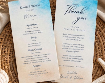 Beach Wedding Menu Card Printable Tropical Destination Wedding Thank You Menu Dusty Blue Wedding Menu Template Wedding Reception Dinner Menu