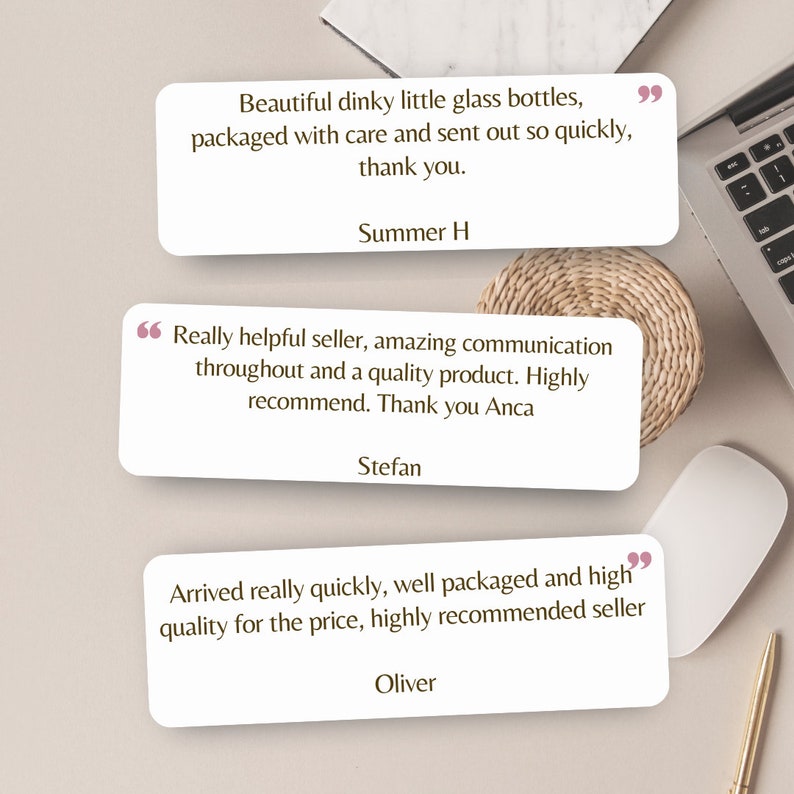 May include: Three customer reviews with positive feedback on a product. The reviews are written in a white box with a pink quote mark on the left and a black quote mark on the right. The reviews are on a white surface with a laptop, a mouse, and a woven placemat.