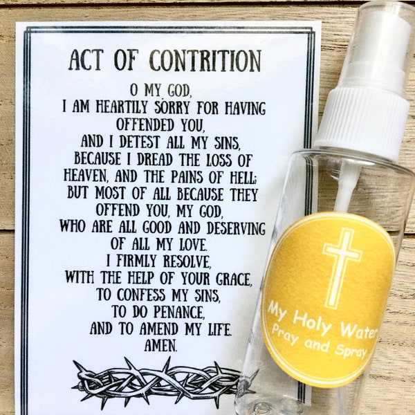 Act of Contrition Prayer Card, First Reconciliation, Holy Water Bottle