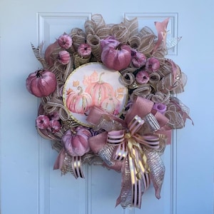 Elegant fall door wreath, fall Pink and gold pumpkin fall door wreath pink thanksgiving decor wreath, gold and pink pumpkin decor fall decor