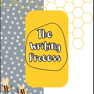 Puede incluir: Un gráfico amarillo y blanco con un patrón de panal y el texto "The Writing Process". Tres abejas de dibujos animados vuelan sobre un fondo gris con lunares blancos.