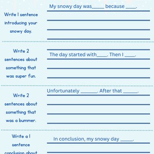 Könnte beinhalten: Ein ausdruckbares Arbeitsblatt mit blauem und weißem Text auf hellblauem Hintergrund. Das Arbeitsblatt trägt den Titel "Was hast du an deinem Schneetag gemacht?" und enthält Aufforderungen zum Schreiben über einen Schneetag.
