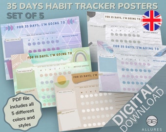 Printable Set of Posters, Cute Instant Download 5 Habit Trackers, Track progress & goals, Bundle of 35 days or 5 weeks with different colors