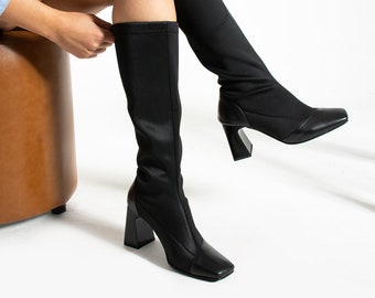 Black Genuine Leather Stretch Women Knee High Boots Handmade Shoes folle-alba