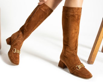 Cognac Genuine Suede Leather Women Knee High Boots Handmade Shoes folle-lora