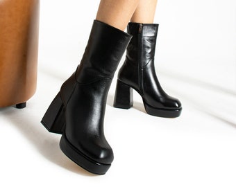 Black Genuine Leather Women Boots Handmade Shoes folle-nea