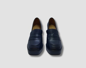 Navy Blue Genuine Leather Women Pumps Handmade Shoes folle-lexi