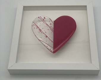 Fused glass pink and confetti heart mounted on shadow box frame - 8x8