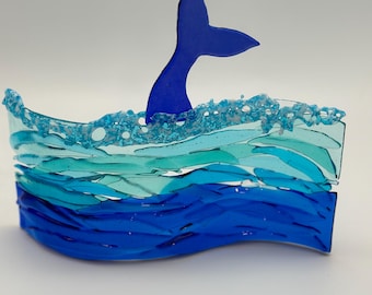 Fused glass Mermaid catching a wave