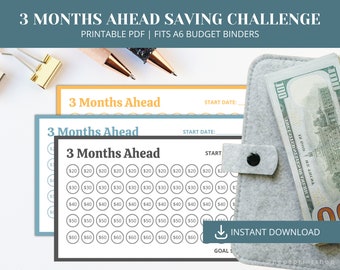 3 Months Ahead Saving Challenge, Printable A6 Budget Binder Insert, Mini Money Savings Goal Tracker for Cash Envelopes