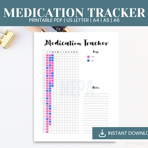 Rastreador de medicamentos imprimible, Registro de medicamentos, Página del diario, Rastreador de hábitos diarios, Rastreador de objetivos, Rastreador de salud, A6, A5, A4, Carta de EE. UU.