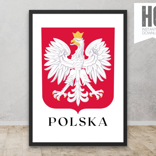 Poland Wall Art, Polish Folk Art, Orzel Bialy, Polish White Eagle, Polish Coat of Arms, Poland Print, Housewarming Gift, Printable Wall Art