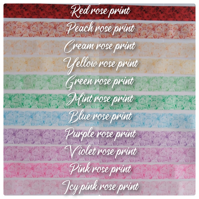 May include: A collection of 12 washi tapes featuring different colored rose prints. The tapes are arranged in a rainbow pattern, starting with red and ending with icy pink.