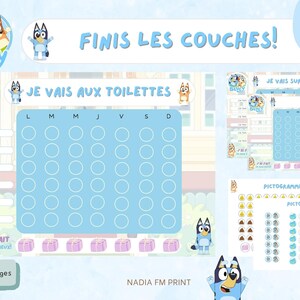 Peut inclure: Un tableau d'apprentissage de la propreté imprimable avec un personnage de dessin animé de chien bleu. Le tableau comprend un calendrier avec les jours de la semaine et des espaces pour marquer les progrès. Il comprend également une section pour les pictogrammes et le texte "Finis les couches!" et "Je vais aux toilettes!" en français.