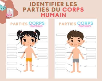Puede incluir: Una hoja de trabajo imprimible con dos ilustraciones de niños, una niña y un niño, con líneas en blanco y flechas que apuntan a diferentes partes del cuerpo. El título de la hoja de trabajo es "Identifier les parties du corps humain", que se traduce como "Identificar las partes del cuerpo humano".