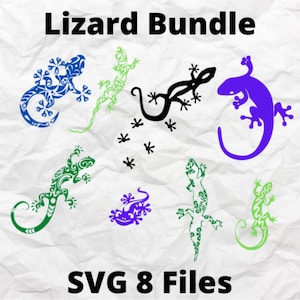 Puede incluir: Un conjunto de ocho archivos SVG con diferentes diseños de lagartos estilizados. Los lagartos son de varios colores, incluyendo azul, verde, morado y negro. El texto "Lizard Bundle" y "SVG 8 Files" también está incluido en la imagen.