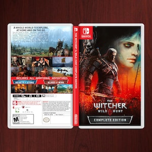 May include: The Witcher 3: Wild Hunt Complete Edition video game case for Nintendo Switch. The front cover features a central male warrior with a sword, a skeletal figure, and a large face. The back displays game screenshots and descriptive text.