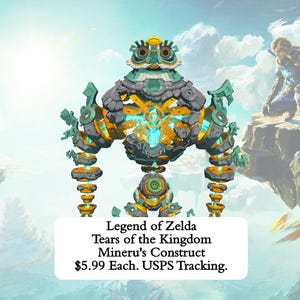 May include: A digital illustration of Mineru's Construct from the video game "Legend of Zelda: Tears of the Kingdom." The construct is a large, mechanical figure with teal, gold, and grey accents. The background features a cloudy sky and a character from the game.