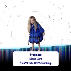 May include: A digital rendering of a young person wearing a blue jacket with multiple pockets. The image is set against a white background with a futuristic design. Text on the image reads "Pragmata Diana Card".