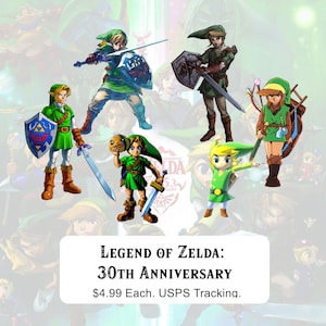 May include: A group of stylized figures of characters from the Legend of Zelda series, each holding weapons and shields. The figures are in various poses, with a green and white background. Text reads "Legend of Zelda: 30th Anniversary."