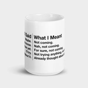 May include: A white ceramic mug with black text. The text on the mug reads "What I Said" on the left side and "What I Meant" on the right side. The mug is cylindrical and has a handle.