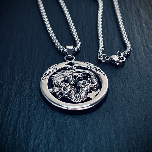 Mens Stainless Steel Box Chain Necklace with Round Dragon Design Charm Pendant Mens Chain Mens Necklace Mens Pendant