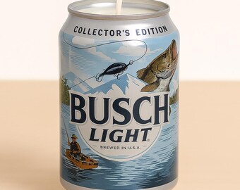 Vela artesanal de soja Busch Light Fish com aroma personalizado.