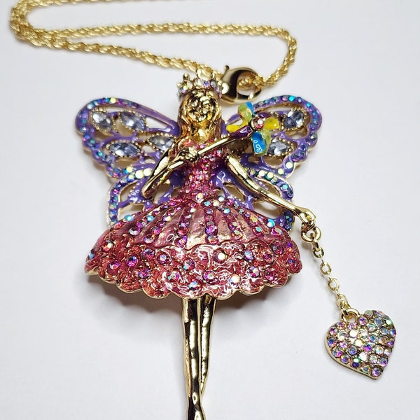 Kirks Folly Sparkly Dancing Ballerina Fairy Angel Pendant Necklace Gold Tone