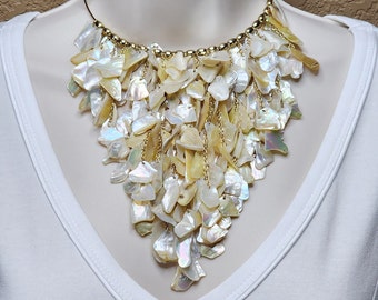 Signed Kiam Family Lia Sophia Shell Dangle Bib Choker Statement Necklace. Mother of Pearl Chunky Statement Necklace